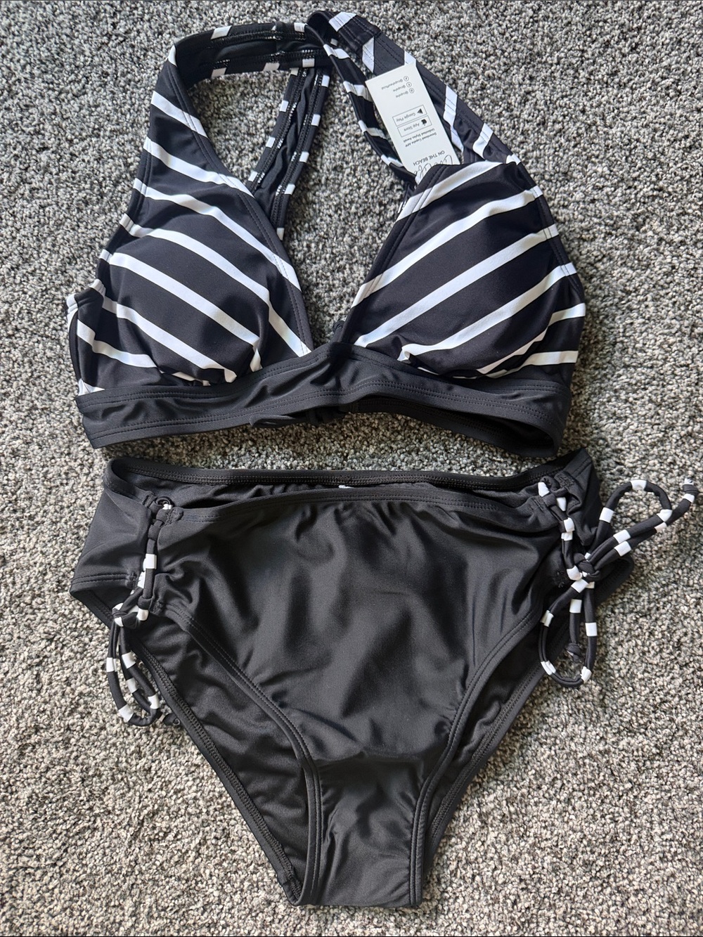 NWT Cupshe Black and White Striped Halter Bikini Set